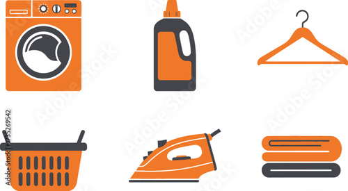 Laundry day essentials washing machine iron detergent hanger vector