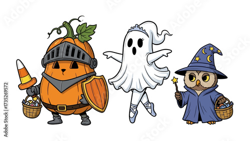 Halloween Trio: An endearing collection of Halloween characters including a pumpkin knight, a ghostly ballerina, and an owl wizard, ready for trick-or-treating adventure.