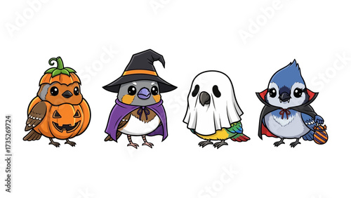 Halloween Birds in Costume: A whimsical illustration of four adorable birds dressed up in delightful Halloween costumes, each embodying a different spooky theme, radiating charm and festive spirit.