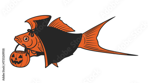 A Spooky Underwater Guest: A whimsical illustration of an orange fish donned in a black cape, a spooky halloween scene in a fun, slightly cartoonish style, to celebrate the eerie festivities.