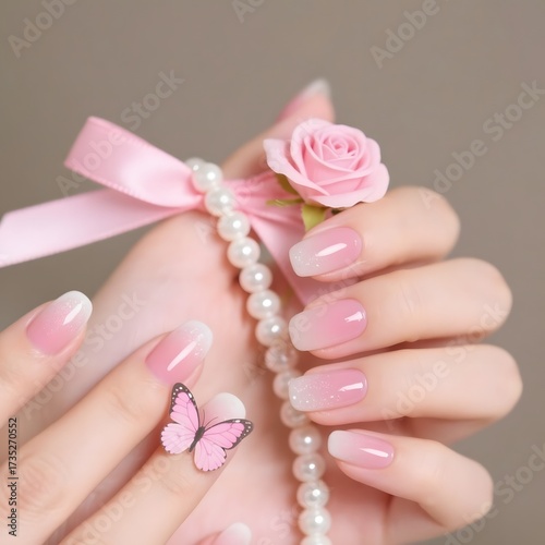 4k high quality Ai generative HD photo realistic cute pretty model design woman girl hands manicure nail artist artwork ribbon pink mariposa ring pearl jewelry butterfly background pretty smooth