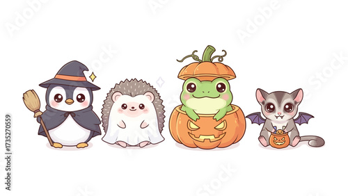 Happy Halloween Cartoon Animals: A cute group of cartoon animals dressed up in Halloween costumes. Including a penguin, a hedgehog, a frog, and a sugar glider.