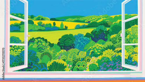 Open Window Natural View Illustrator Artwork Banner Background Design Template 