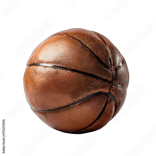 Worn leather basketball with dark seams isolated on black