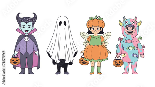 Spooky Costume Characters: A collection of four whimsical costume characters, ready for Halloween night.