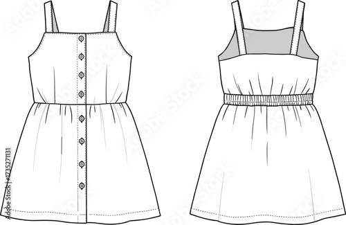 Sleeveless dress fashion sketch, gathered skirt technical drawing, button-down bodice CAD, elastic waist garment design flat vector illustration