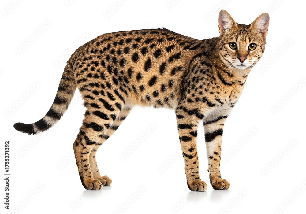 Obraz premium Captivating Savannah Cat Portrait, A Graceful Feline with Striking Spots on Clean Background