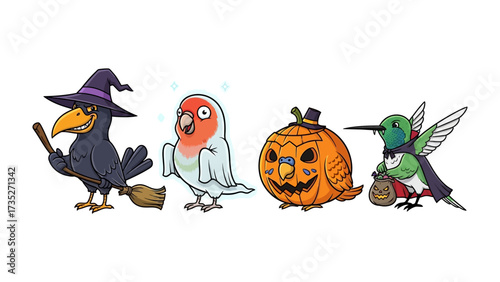 Halloween Birds Parade: Delightful collection of birds in playful Halloween costumes, offering a whimsical and cheerful representation of the holiday.