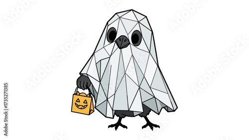 Ghostly Avian: A whimsical avian character dressed in a ghost costume holding a jack-o'-lantern, ready for a night of spooky fun.