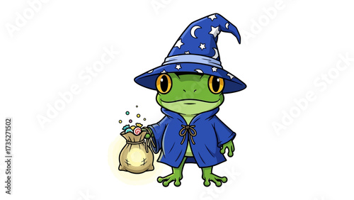 Wizard Frog in a Mystical Realm: A charming cartoon depiction of a wizard frog, adorably attired in a starry hat and a magical blue cloak, clutching a bag of enchanting, glimmering gemstones.