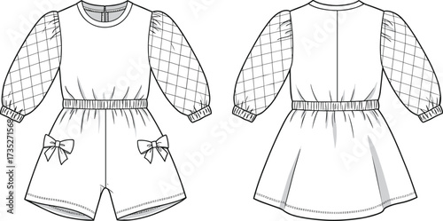 Children's romper fashion design, front and back view, puff sleeve, bows, flat sketch, cad drawing flat vector illustration