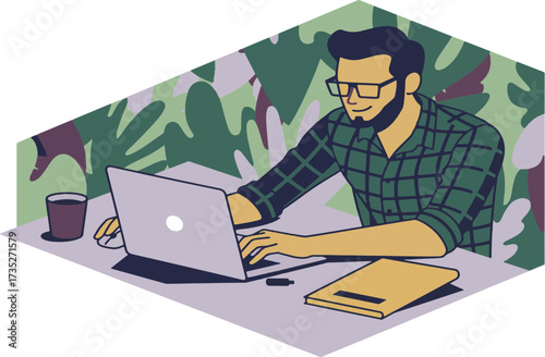 Freelancer working remotely on laptop with coffee, modern digital lifestyle, flexible work design