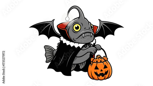 Spooky Anglerfish on Halloween: A quirky anglerfish, adorned in a vampiric cloak, clutches a carved pumpkin lantern, embodying the eerie essence of Halloween in a lighthearted illustration.