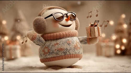 Festive Snowman Toy with Headphones and Gift – Holiday Animation Video