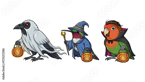 Spooky Aviary Halloween: A trio of charming cartoon birds adorned in Halloween costumes, each clutching a jack-o'-lantern, invites a touch of festive fun and spooky enchantment.