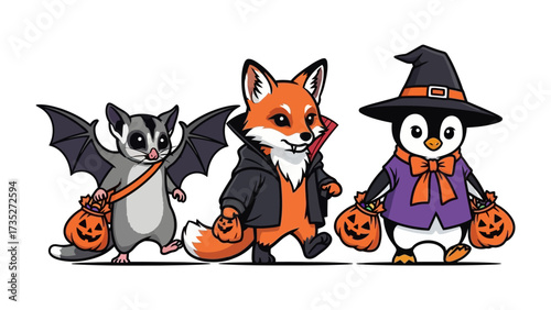 Spooky Trick-or-Treat Trio: A captivating illustration portrays a sugar glider bat, fox, and penguin each dressed in playful Halloween costumes while holding jack-o'-lantern treat bags.
