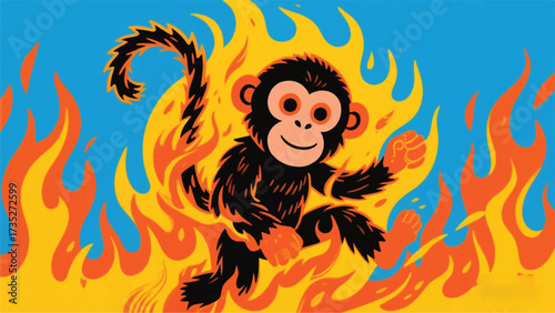 Funny Monkey on Fire Illustrator Artwork Banner Background Design Template 
