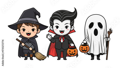 Spooky Friends: Adorable Halloween-themed illustrations featuring a witch, vampire, and ghost. Each character is rendered in a cute, cartoonish style, with exaggerated features and a cheerful.