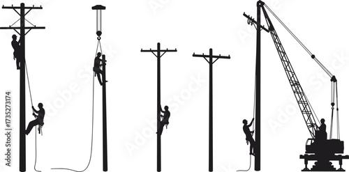 Utility pole workers climbing, lifting, and installing with crane, pulley systems, safety harnesses, teamwork, construction silhouettes, and electrical maintenance vector"