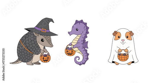 Spooky Creatures' Treats: Whimsical Halloween illustration of three adorable creatures, a witch armadillo, a seahorse, and a ghost guinea pig, each holding a treat basket for trick-or-treating. 