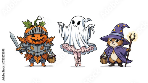 Spooky Halloween Crew: A whimsical illustration featuring three adorable characters: a pumpkin knight, a ghostly ballerina, and a wizardly rodent.