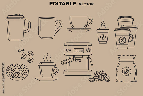 Hand drawn coffee shop elements and drinks on brown background