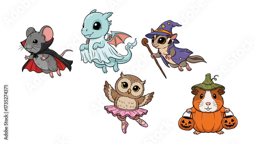 Whimsical Creatures' Halloween Jamboree: An enchanting illustration showcasing an array of endearing cartoon critters dressed up in captivating Halloween attire.