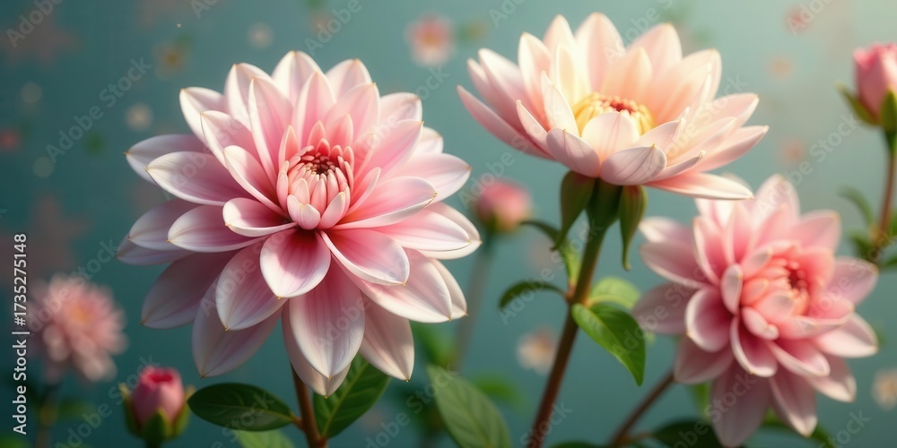 Fototapeta premium Delicate Pink Dahlias in Soft Focus, a Botanical Close-Up Featuring Vibrant Petals and Lush Green Foliage, Evoking a Sense of Serenity and Natural Beauty