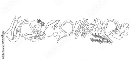 Black and white line art illustration of assorted herbs and spices, including chili peppers, nutmeg, star anise, citrus slices, cinnamon sticks, basil leaves, rosemary, pumpkin, and ginger
