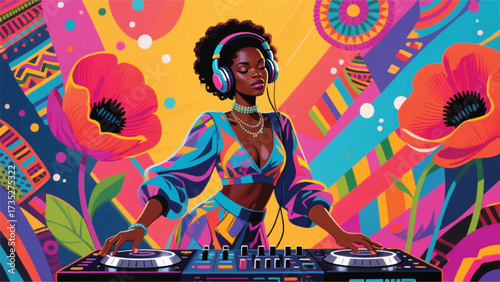 Black Woman DJ Music Illustrator Artwork Banner Background Design Template 