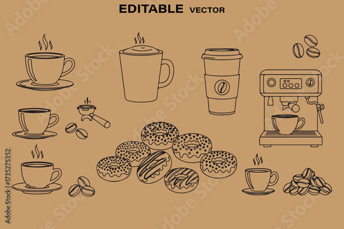 Hand drawn coffee shop elements including cups machine and pastries on brown background