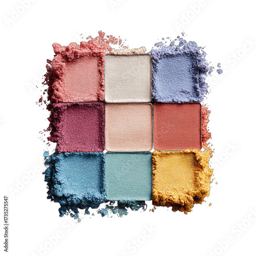 Nine squares of colorful, textured cosmetic powder