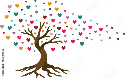 Colorful Love Tree with Heart Leaves Illustration. Abstract Tree with Rainbow Hearts. Romantic Tree with Multicolor Heart Shape Design.