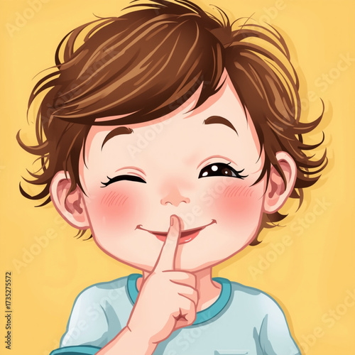 Adorable cartoon child winking and signaling for silence