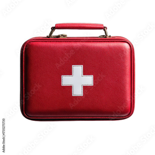 Glossy red medical kit with white cross, dark background