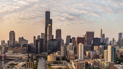  Aerial panoramic view of Downtown Chicago skyline and Willis Tower at sunrise from Ping Tom Memorial Park along the Chicago River, Illinois