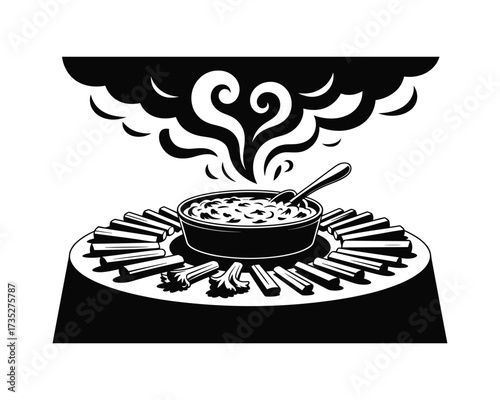 Stylized black and white illustration of a steaming bowl of dip surrounded by dippers on a circular platter