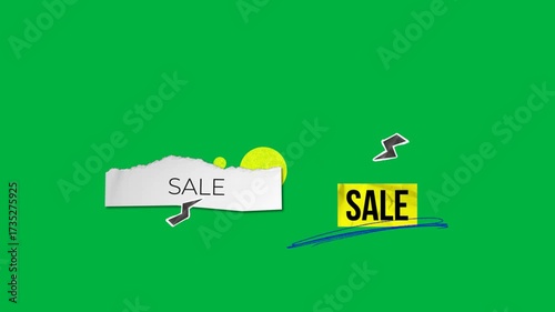 Animation of sale text on moving labels, with lightning bolts and shapes, on transparent background