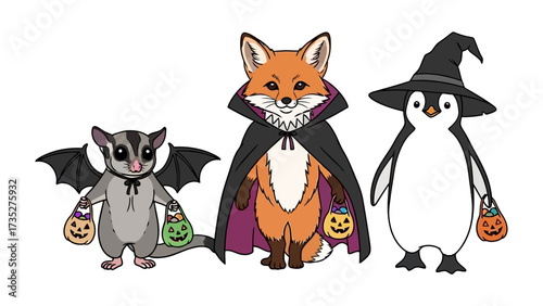 Trick-or-Treat Squad: An adorable illustration of three animals, dressed in their Halloween best, ready to gather treats. The playful characters set against a backdrop of spooky enchantment.