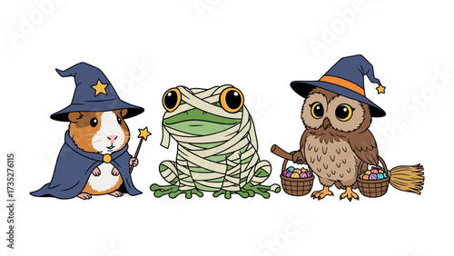Spooky Companions: A whimsical composition of a guinea pig wizard, a mummy frog, and an owl witch, all prepared for the Halloween celebrations.