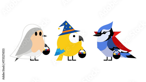 Halloween Bird Friends: A whimsical and festive illustration features three adorable birds dressed up in creative Halloween costumes, each holding a treat bucket.