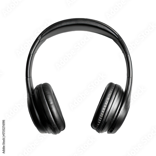 Black headphones, padded cups, arched band on dark background