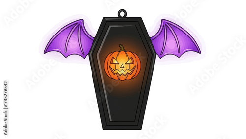 Halloween Coffin Ornament: A spooky Halloween coffin ornament features a grinning jack-o'-lantern inside a dark coffin with bat wings, ready to bring a touch of eerie decoration.