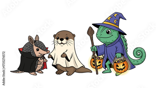 Halloween Creatures: A delightful illustration presents a whimsical gathering of animals dressed in Halloween costumes. The charming creatures embody the spirit of fun, fantasy.