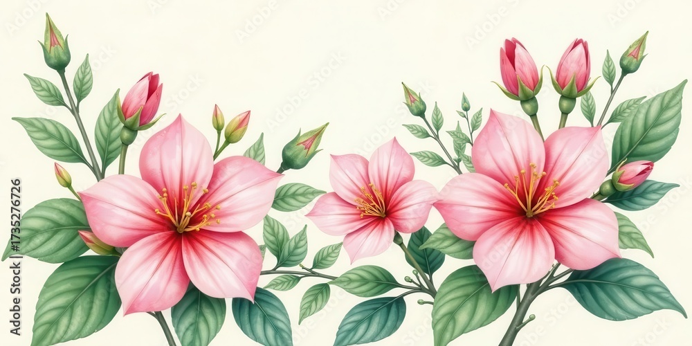 Obraz premium Delicate Pink Blossom Branch with Lush Foliage and Unopened Buds, a Botanical Illustration Perfect for Springtime Designs