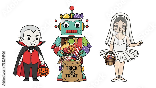 Halloween Characters: A vibrant illustration showcases a trio of Halloween characters, radiating the enchanting essence of the season. A spooky vampire, a whimsical robot.
