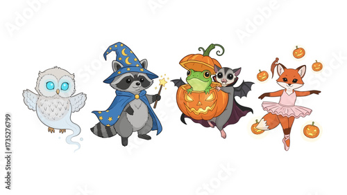 Halloween Critters: A charming collection of fantastical creatures, including a ghost owl, wizard raccoon, frog-pumpkin, vampire possum, and ballerina fox.