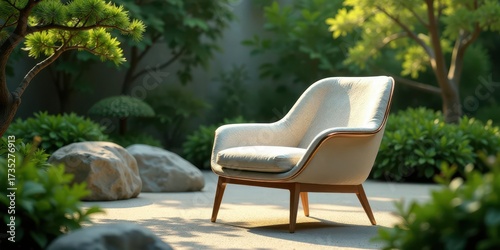 Serene outdoor lounge chair in a peaceful garden setting, bathed in soft sunlight