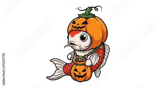 Koi Fish Halloween Costume: A whimsical koi fish is dressed up in a festive pumpkin costume, ready for trick-or-treating, exuding an aura of spooky fun and charm.