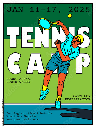Line drawing of a male tennis player hitting a tennis ball back at his opponent. Illustration graphic design.